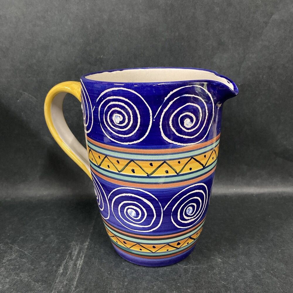 Pier 1 Italian Swirl Ceramic‎ Juice Water Pitcher 7.5” Blue Yellow Hand Painted